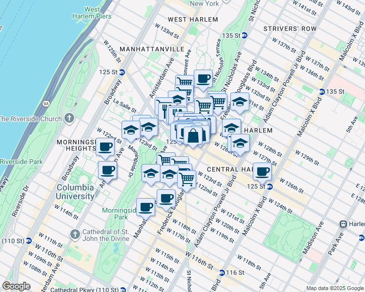map of restaurants, bars, coffee shops, grocery stores, and more near 285 Saint Nicholas Avenue in New York