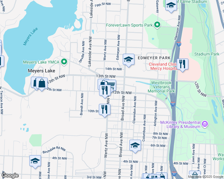map of restaurants, bars, coffee shops, grocery stores, and more near 2915 12th Street Northwest in Canton