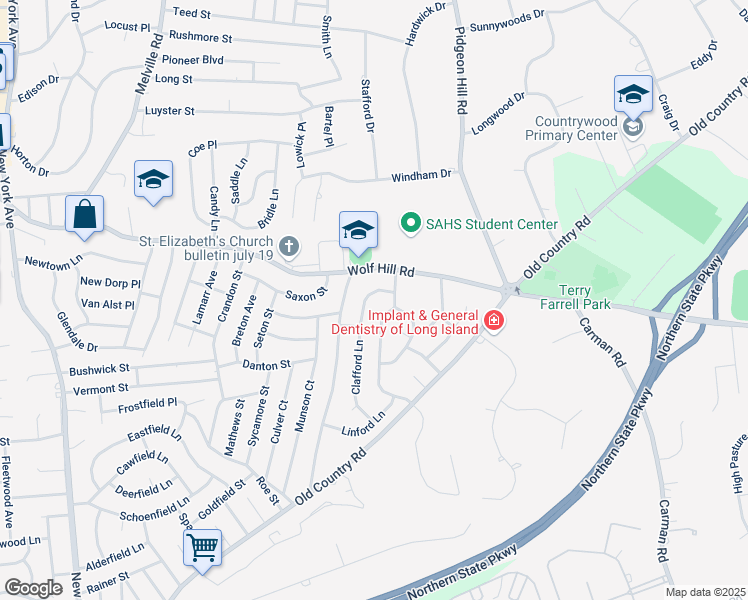 map of restaurants, bars, coffee shops, grocery stores, and more near 6 Clafford Lane in Melville