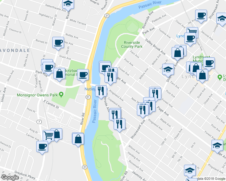 map of restaurants, bars, coffee shops, grocery stores, and more near 117 Kingsland Avenue in Lyndhurst