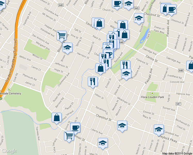 map of restaurants, bars, coffee shops, grocery stores, and more near 65 Franklin Avenue in Nutley