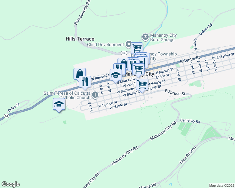 map of restaurants, bars, coffee shops, grocery stores, and more near 312 West Mahanoy Street in Mahanoy City