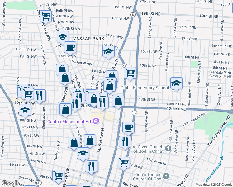 map of restaurants, bars, coffee shops, grocery stores, and more near 1315 Piedmont Avenue Northeast in Canton