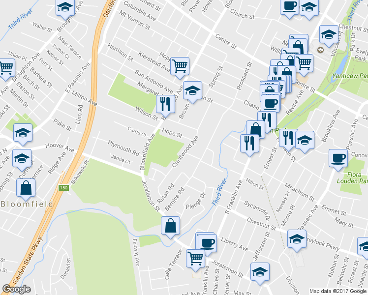 map of restaurants, bars, coffee shops, grocery stores, and more near 43 Crestwood Avenue in Nutley
