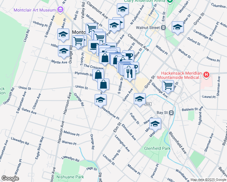 map of restaurants, bars, coffee shops, grocery stores, and more near 47 Union Street in Montclair