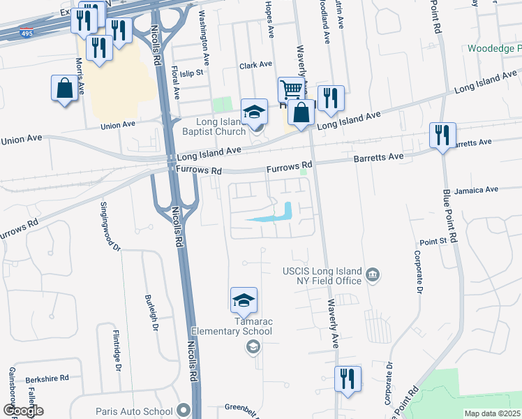 map of restaurants, bars, coffee shops, grocery stores, and more near Victorian Court in Holtsville