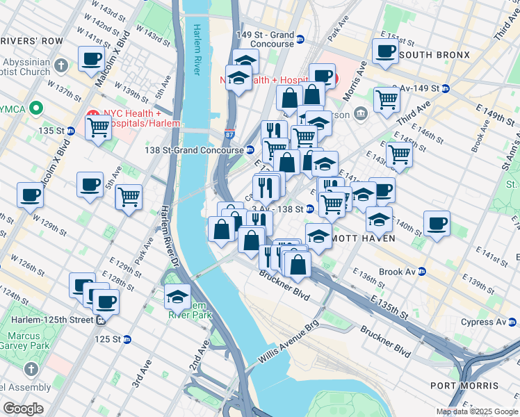 map of restaurants, bars, coffee shops, grocery stores, and more near 241 East 136th Street in The Bronx