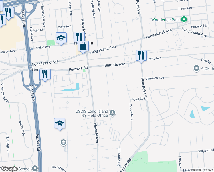 map of restaurants, bars, coffee shops, grocery stores, and more near in Holtsville
