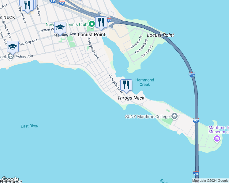 map of restaurants, bars, coffee shops, grocery stores, and more near 92 Pennyfield Avenue in The Bronx