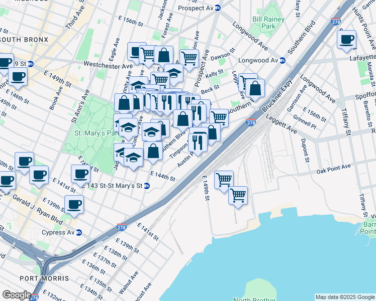 map of restaurants, bars, coffee shops, grocery stores, and more near 486 Timpson Place in The Bronx