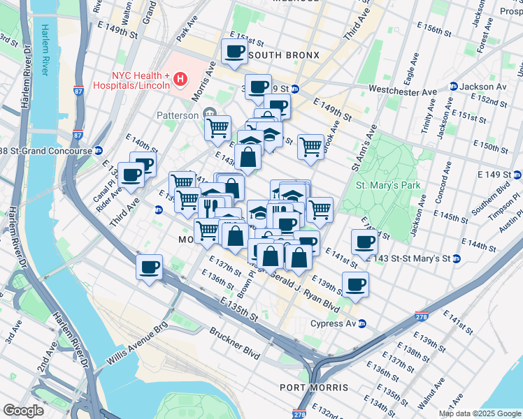 map of restaurants, bars, coffee shops, grocery stores, and more near 437 East 141st Street in Bronx