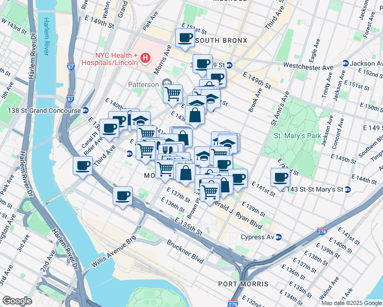 map of restaurants, bars, coffee shops, grocery stores, and more near in The Bronx