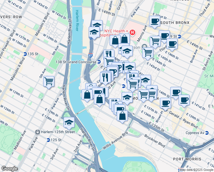 map of restaurants, bars, coffee shops, grocery stores, and more near 241 East 136th Street in The Bronx