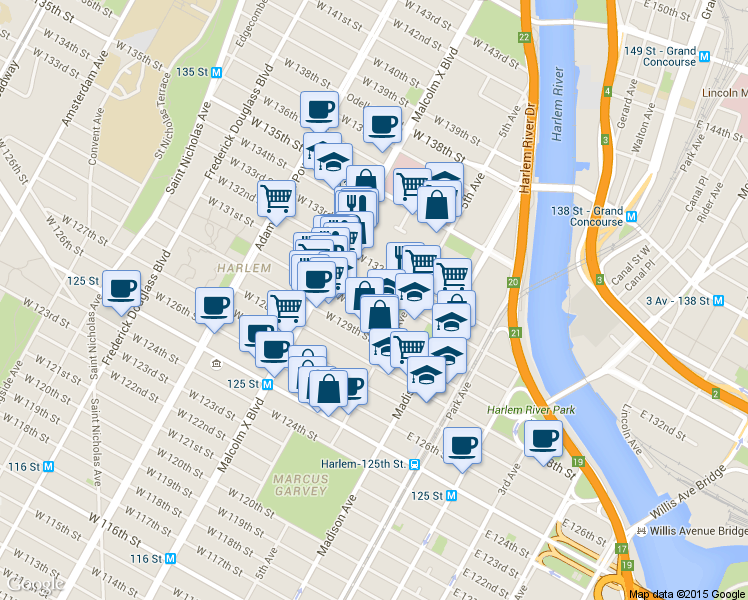 map of restaurants, bars, coffee shops, grocery stores, and more near 28 West 131st Street in New York