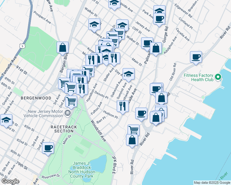 map of restaurants, bars, coffee shops, grocery stores, and more near 141 Oakwood Avenue in Cliffside Park