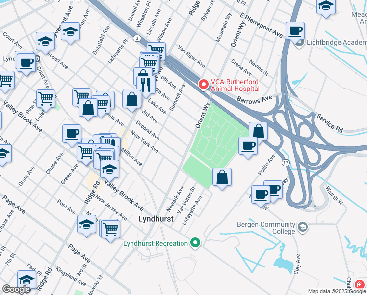 map of restaurants, bars, coffee shops, grocery stores, and more near 741 2nd Avenue in Lyndhurst