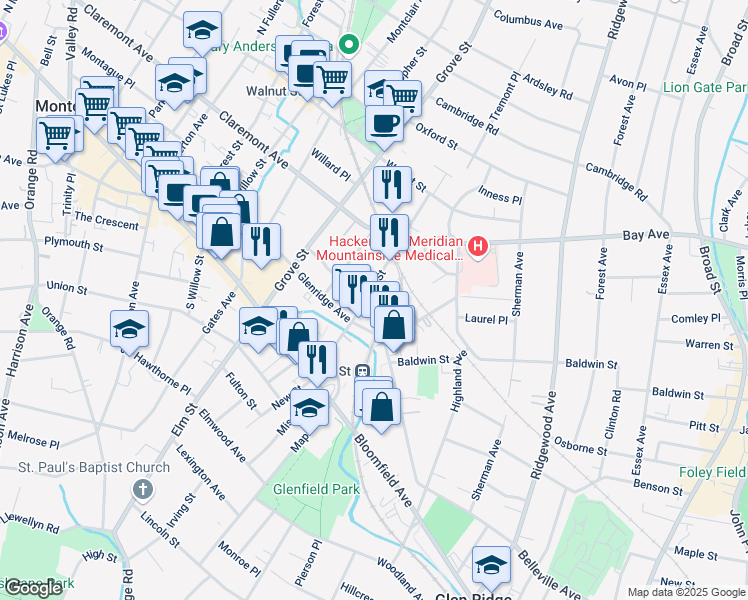 map of restaurants, bars, coffee shops, grocery stores, and more near 31 Grant Street in Montclair