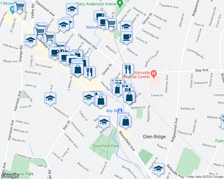 map of restaurants, bars, coffee shops, grocery stores, and more near 75 Glenridge Avenue in Montclair