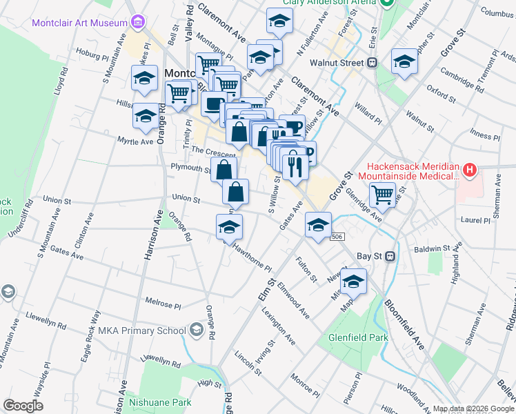 map of restaurants, bars, coffee shops, grocery stores, and more near 47 Union Street in Montclair