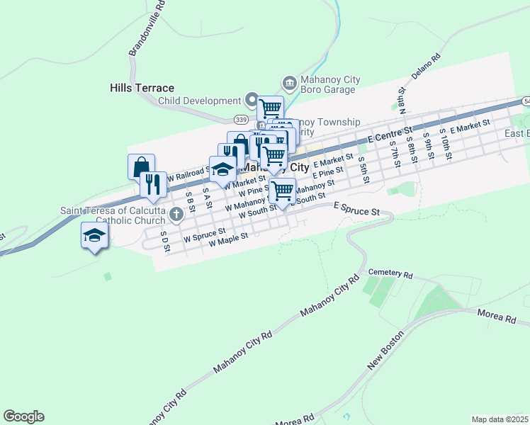 map of restaurants, bars, coffee shops, grocery stores, and more near 100 West South Street in Mahanoy City