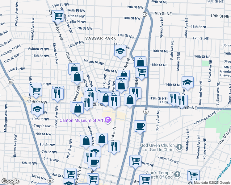 map of restaurants, bars, coffee shops, grocery stores, and more near 1307 Market Avenue North in Canton