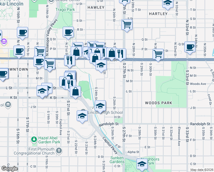 map of restaurants, bars, coffee shops, grocery stores, and more near 347 South 25th Street in Lincoln