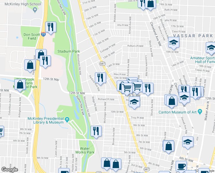 map of restaurants, bars, coffee shops, grocery stores, and more near 1228 McGregor Avenue Northwest in Canton