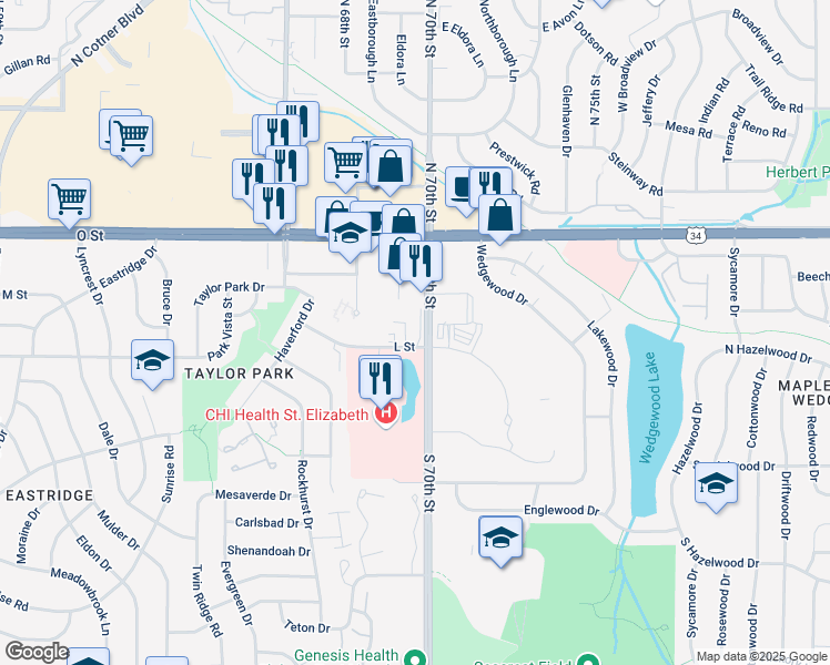 map of restaurants, bars, coffee shops, grocery stores, and more near 333 South 70th Street in Lincoln