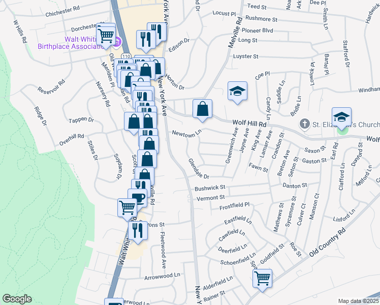 map of restaurants, bars, coffee shops, grocery stores, and more near 8 Glendale Drive in Melville