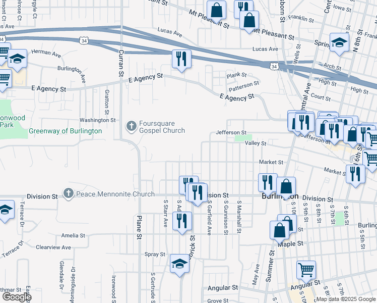 map of restaurants, bars, coffee shops, grocery stores, and more near 111 North Leebrick Street in Burlington