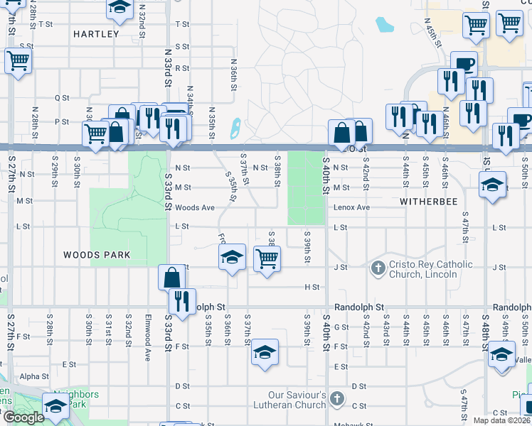 map of restaurants, bars, coffee shops, grocery stores, and more near 342 South 37th Street in Lincoln