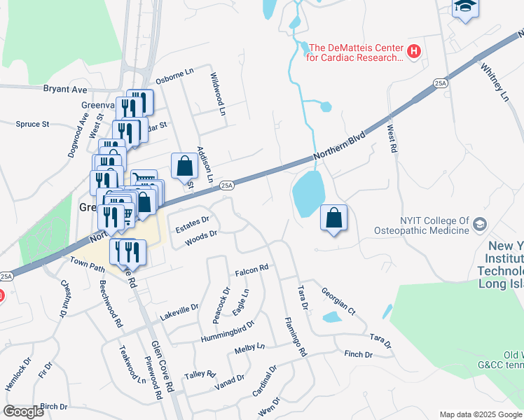 map of restaurants, bars, coffee shops, grocery stores, and more near 9 Cotillion Court in Greenvale