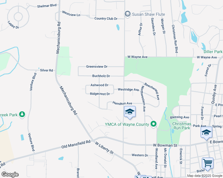 map of restaurants, bars, coffee shops, grocery stores, and more near 850 Ashwood Drive in Wooster