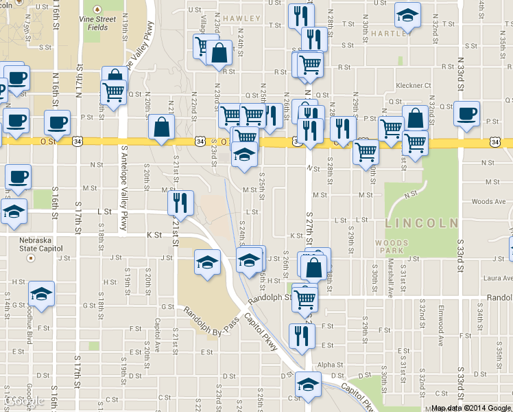 map of restaurants, bars, coffee shops, grocery stores, and more near 347 S 25th St in Lincoln