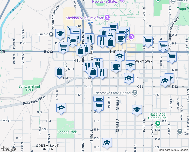 map of restaurants, bars, coffee shops, grocery stores, and more near 1002 L Street in Lincoln