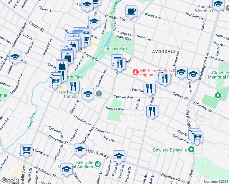 map of restaurants, bars, coffee shops, grocery stores, and more near 94 Passaic Avenue in Nutley