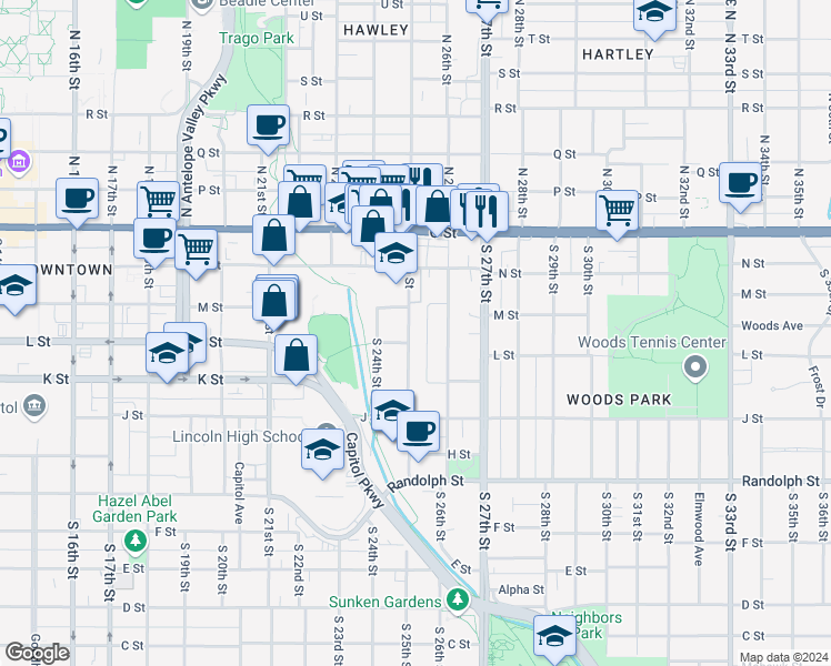 map of restaurants, bars, coffee shops, grocery stores, and more near 338 South 25th Street in Lincoln