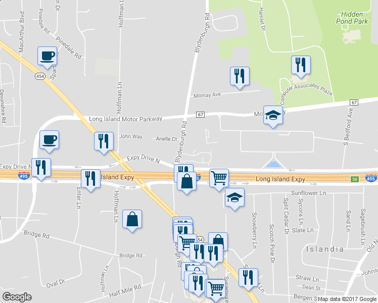 map of restaurants, bars, coffee shops, grocery stores, and more near 1205 Town House Village in Islandia