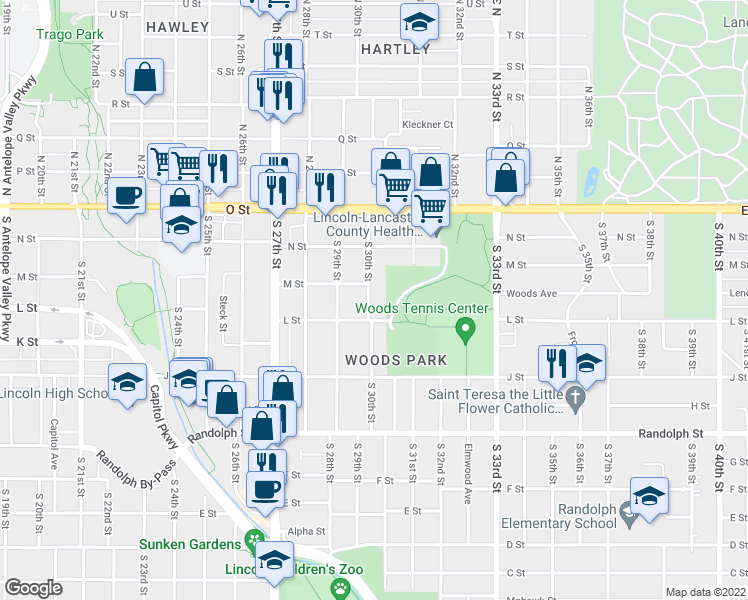 map of restaurants, bars, coffee shops, grocery stores, and more near 322 South 30th Street in Lincoln