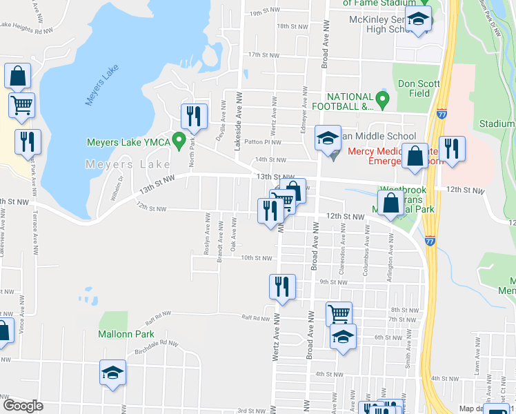 map of restaurants, bars, coffee shops, grocery stores, and more near 3039 12th Street Northwest in Canton