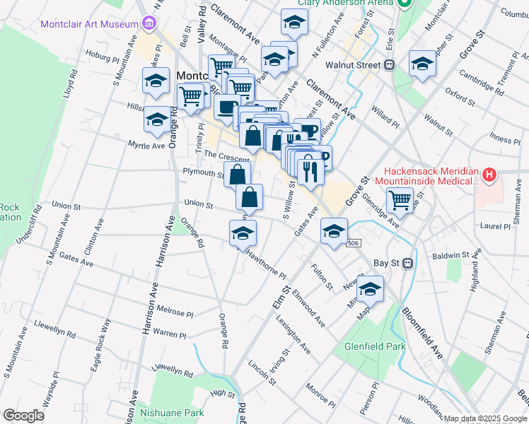 map of restaurants, bars, coffee shops, grocery stores, and more near 53 Union Street in Montclair