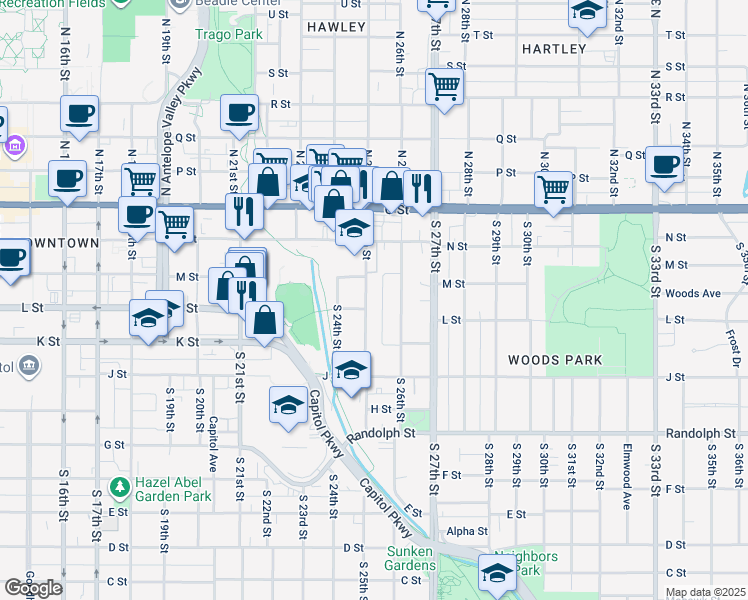 map of restaurants, bars, coffee shops, grocery stores, and more near 347 South 25th Street in Lincoln