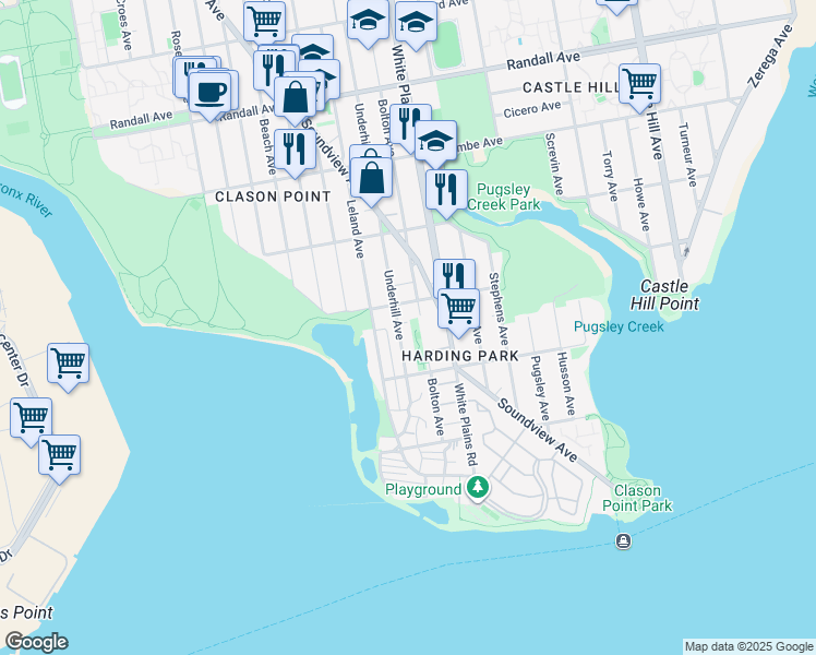 map of restaurants, bars, coffee shops, grocery stores, and more near 1700 Harding Park in Bronx