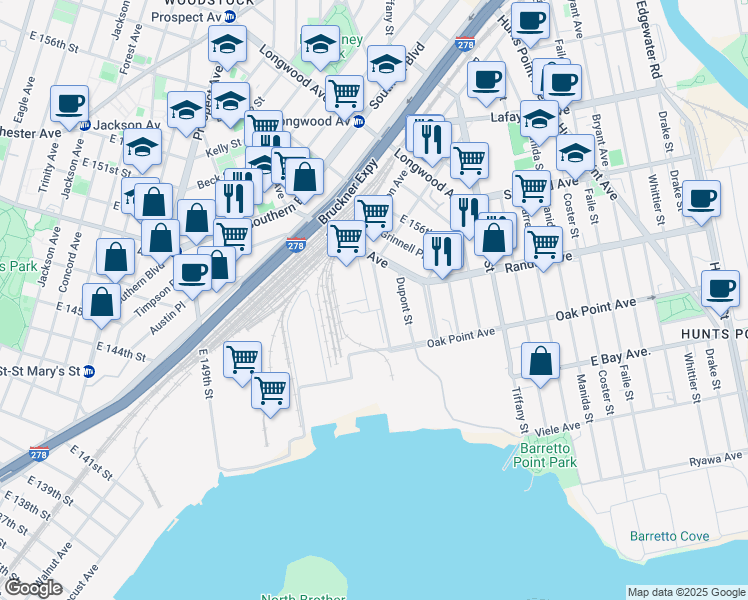 map of restaurants, bars, coffee shops, grocery stores, and more near 565 Barry St in Bronx