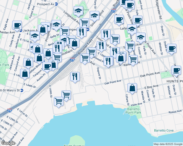 map of restaurants, bars, coffee shops, grocery stores, and more near 565 Barry Street in Bronx