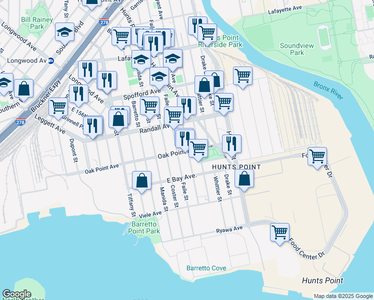 map of restaurants, bars, coffee shops, grocery stores, and more near 1316 Oak Point Avenue in The Bronx