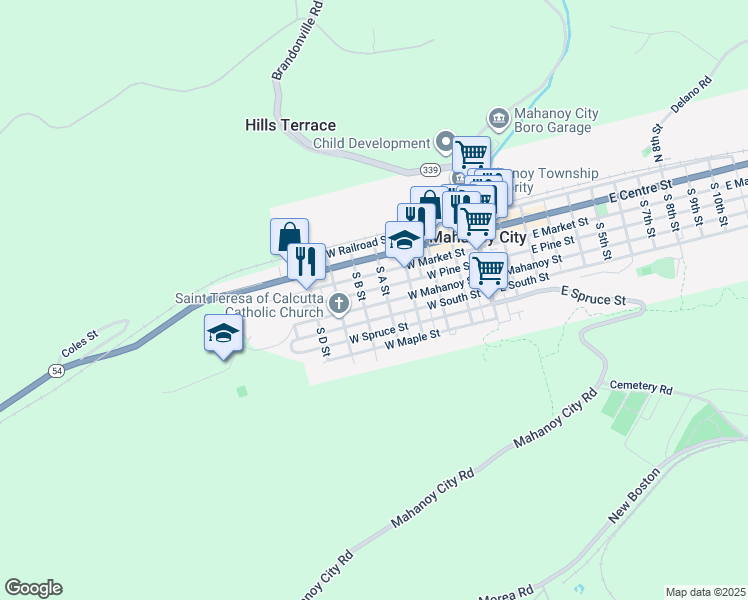 map of restaurants, bars, coffee shops, grocery stores, and more near 421 West Mahanoy Street in Mahanoy City