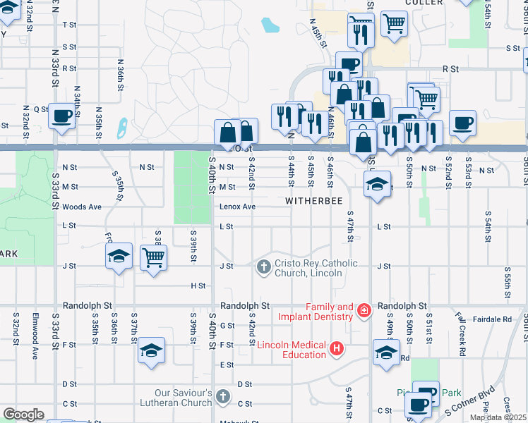 map of restaurants, bars, coffee shops, grocery stores, and more near 4225 Lenox Avenue in Lincoln