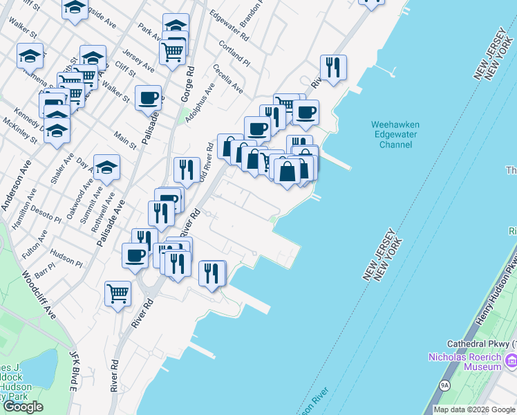 map of restaurants, bars, coffee shops, grocery stores, and more near 435 River Road in Edgewater