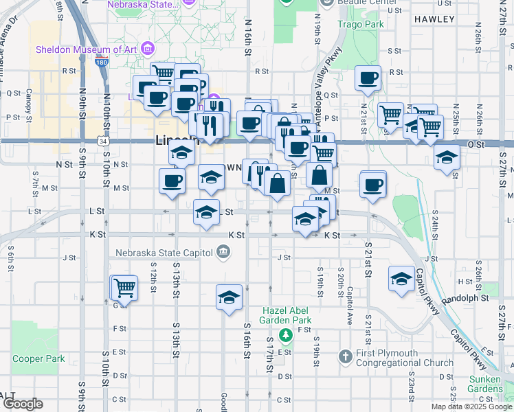 map of restaurants, bars, coffee shops, grocery stores, and more near 1612 L Street in Lincoln